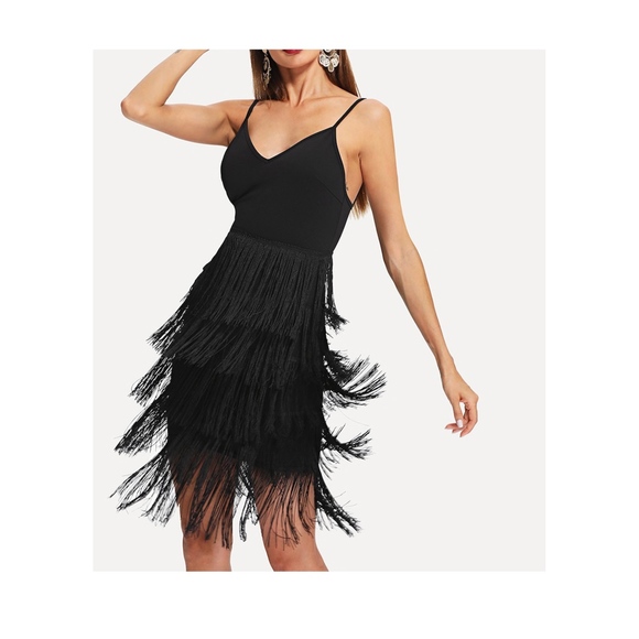 Black Sleeveless Bodycon Tiered Fringes Cami Dress - Picture 3 of 5